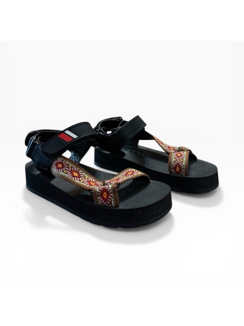 Prada Nomad Embroidered Logo Platform Sandals Boho EU 38.5 US 8.5